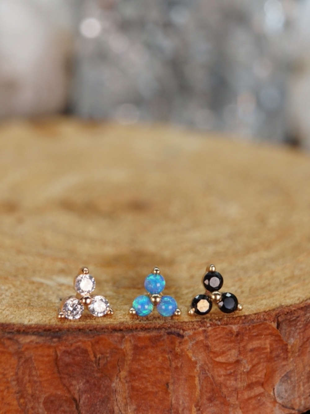 14k Solid Gold Gemstone Trio Cluster Threadless End Stud